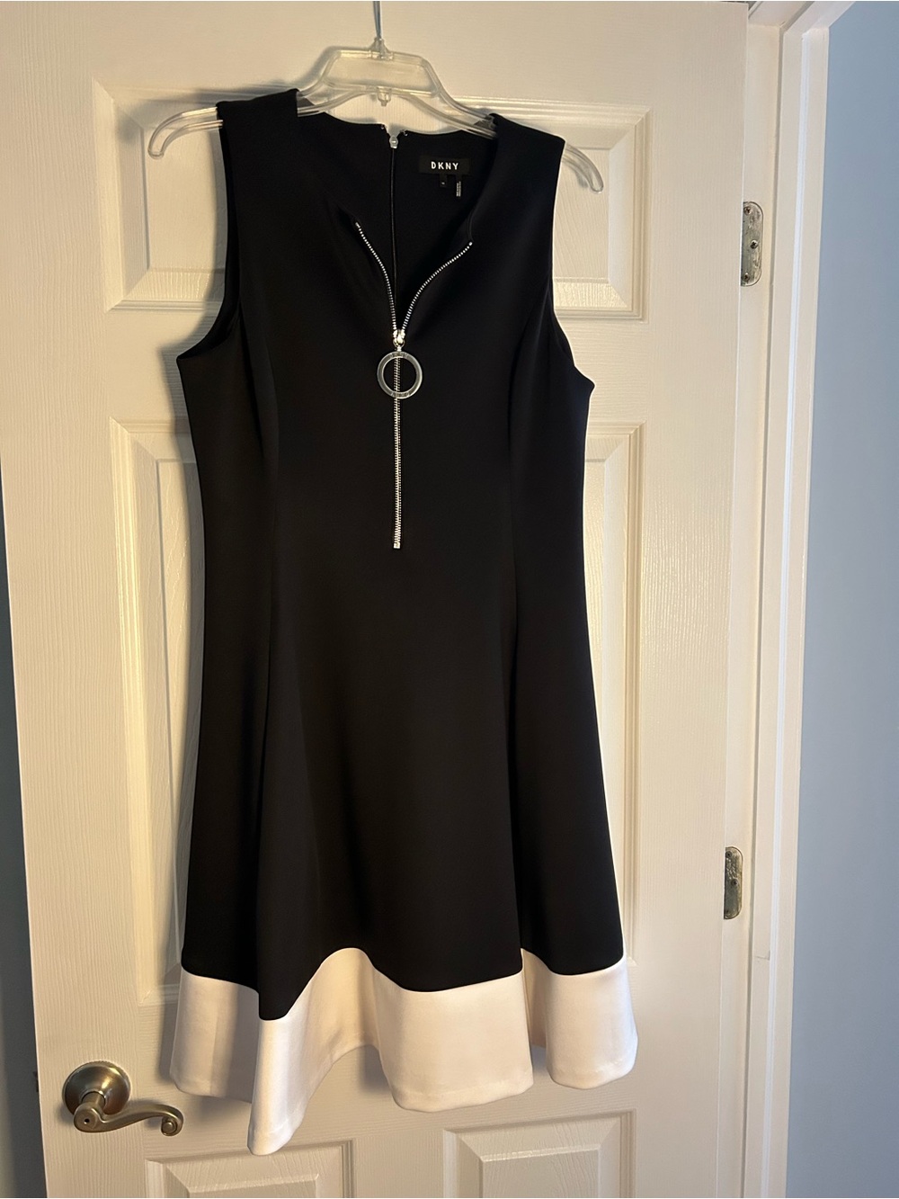 DKNY Black Mini Dress with White Hem and Silver Zip Ring